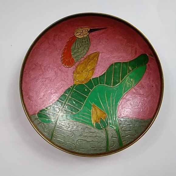 VTG,Cloisonne Brass Metal Enamel Hand Painted Hummingbird Flower Covered Bowl - Picture 1 of 15